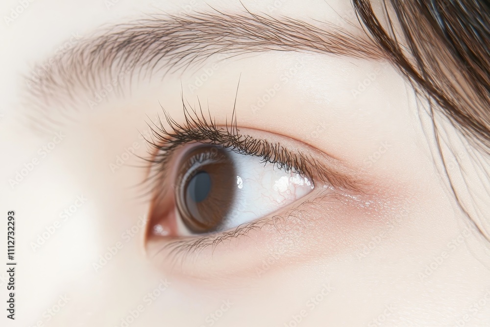 Fototapeta premium Stunning close-up of a Japanese woman: striking brown eyes, delicate skin, and a unique mole against a minimalist backdrop