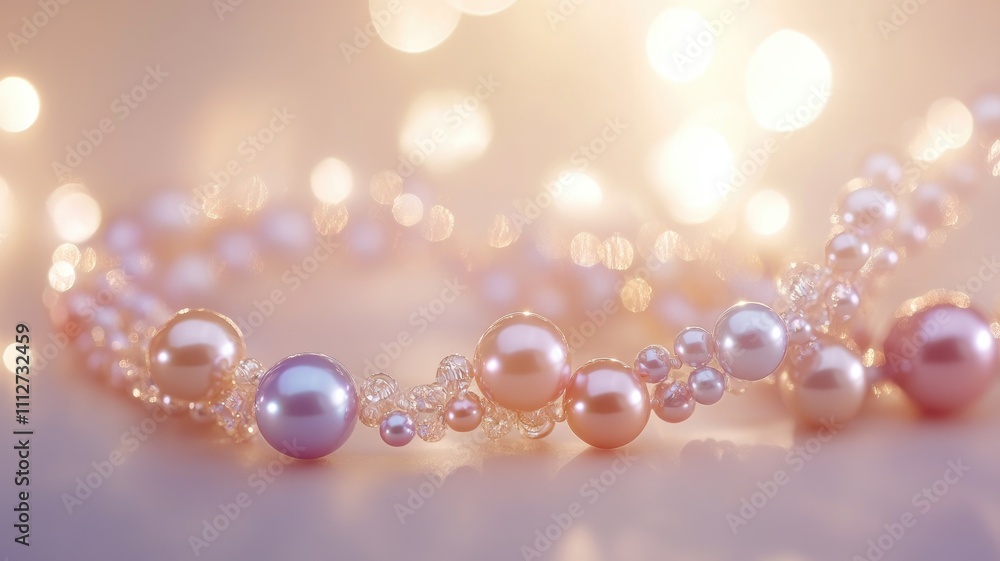 Obraz premium Elegant pearl necklace with various sized pearls glowing softly under warm lights