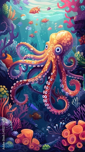 Wallpaper Mural Octopus and beautiful underwater scenery, Underwater Scene with Incredible Commotion of an Octopus Torontodigital.ca