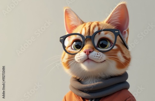 Cute ginger cat with glasses and clothes. Advertising of optics, pet stores, and pets. Sale, advertising, discounts, special offers Business concept. Creative fashion banner, copy the space.