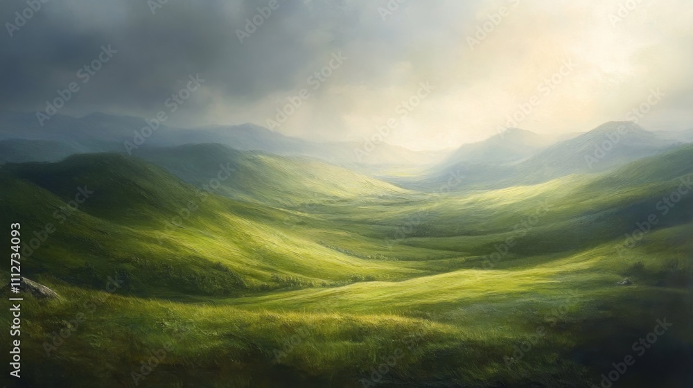 Fototapeta premium Rolling Green Hills Under a Cloudy Sky