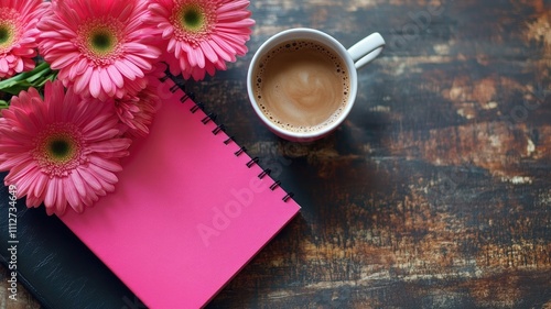Pink flowers, coffee cup, and notebooks on wooden table