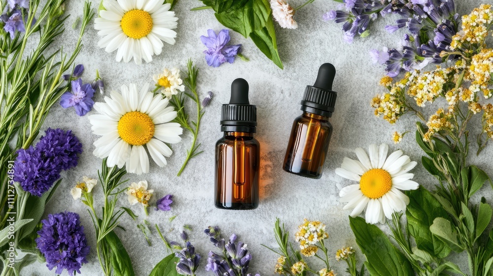 Two brown glass dropper bottles surrounded by various flowers on grey surface Two brown glass dropper bottles surrounded by various flowers on grey surface