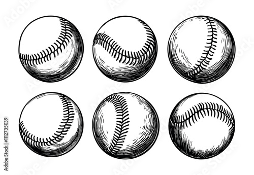 Engraving baseball leather balls, sport ball with stitches for throwing in traditional american competition game tournament, hand drawn isolated vector on white background