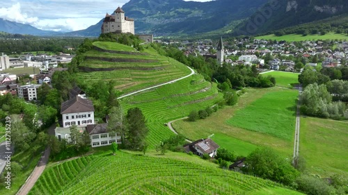Gutenberg Castle - Medieval Burg in town of Balzers, Principality of Liechtenstein. Aerial Picturesque summer landscape