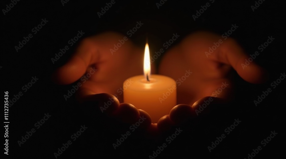 Gentle Hands Holding a Burning Candle in the Dark