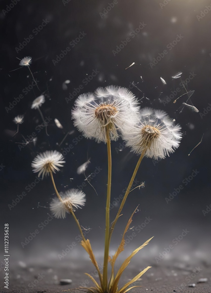 Delicate, feathery dandelion petals dance in the air, suspended by an invisible thread of magic, delicate, whimsical, magical Delicate, feathery dandelion petals dance in the air, suspended by an invisible thread of magic, delicate, whimsical, magical