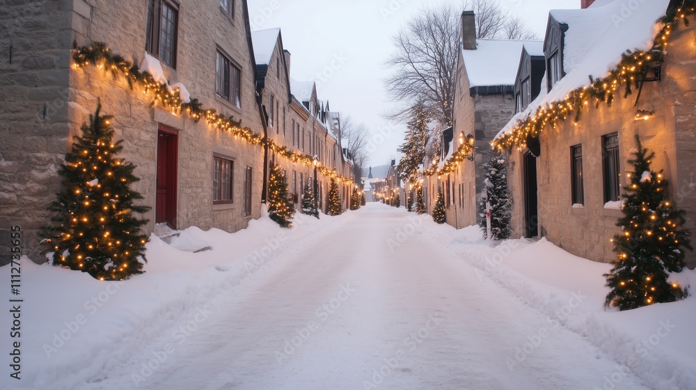 Charming Old Town Street in Quebec Adorned with Festive Christmas Lights and Snowy Landscape, Capturing Winter Magic and Holiday Spirit Charming Old Town Street in Quebec Adorned with Festive Christmas Lights and Snowy Landscape, Capturing Winter Magic and Holiday Spirit