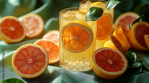 A vibrant scene featuring refreshing orange juice with slices of oranges, complemented by green leaves, emphasizing freshness and vitality. photo