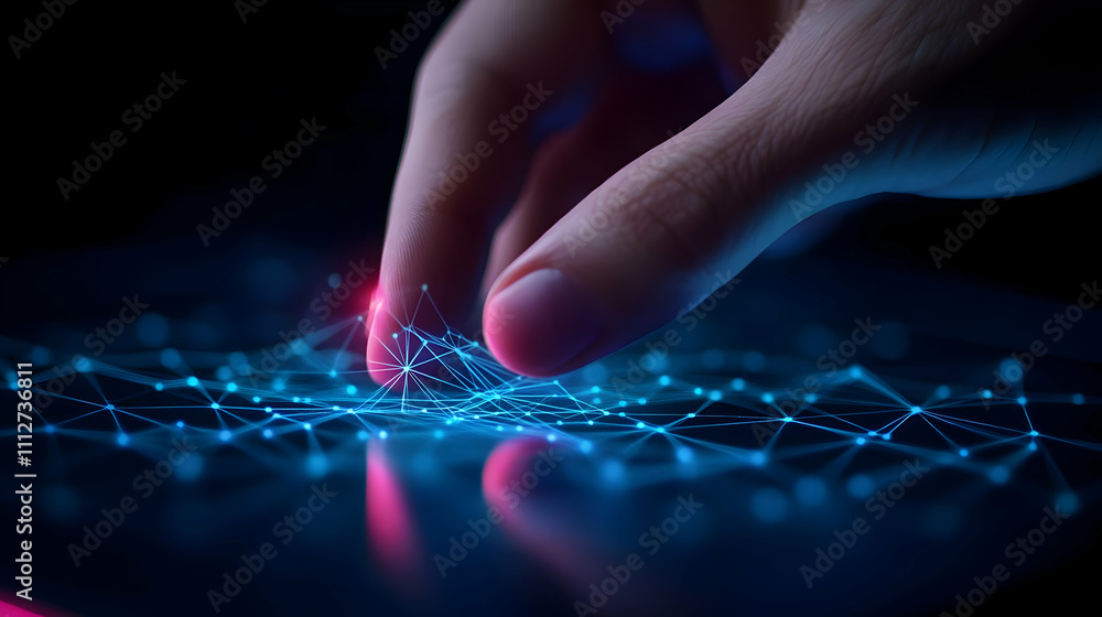 Hand interacting with glowing digital network.