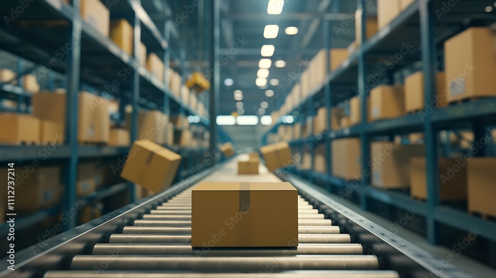 Fototapeta premium Industrial Conveyor Line with Boxes