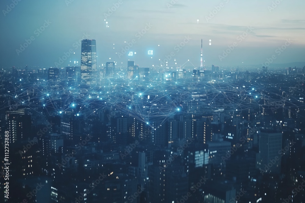 Advanced wireless network over urban landscape depicting smart grid connectivity and 5G LTE data infrastructure Advanced wireless network over urban landscape depicting smart grid connectivity and 5G LTE data infrastructure