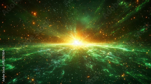 Awe-inspiring Cosmic Sunrise: A breathtaking view of a vibrant green galaxy, showcasing celestial energy and cosmic light waves.