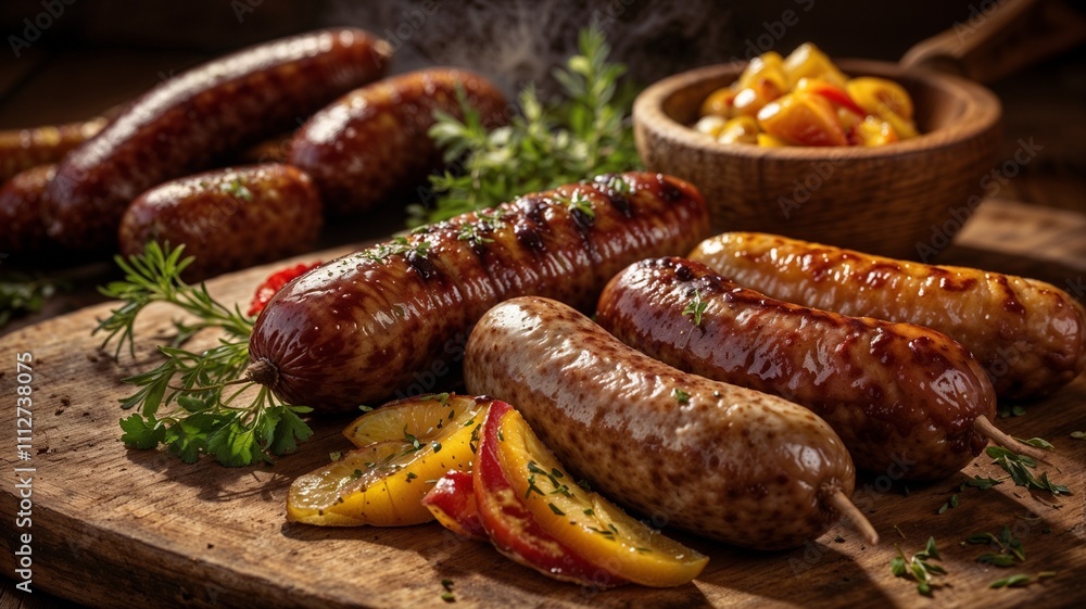 Grilled Gourmet Sausages with Fresh Herbs on Rustic Wooden Board. Grilled Gourmet Sausages with Fresh Herbs on Rustic Wooden Board.
