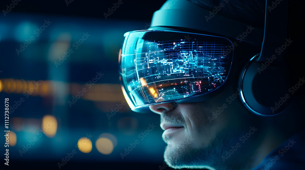Person using advanced virtual reality headset. Person using advanced virtual reality headset.