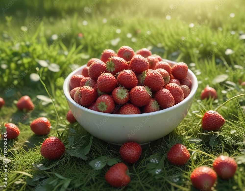 A bowl of ripe strawberries left to ripen on the sun-kissed grass, bowl, sunlight A bowl of ripe strawberries left to ripen on the sun-kissed grass, bowl, sunlight