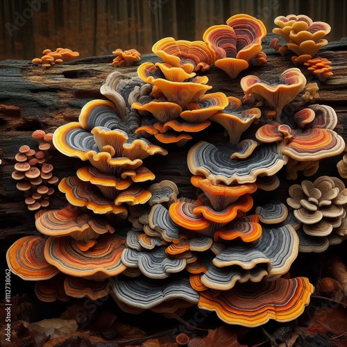 Fungi on a Log Various fungi with striking colors and shapes emp photo