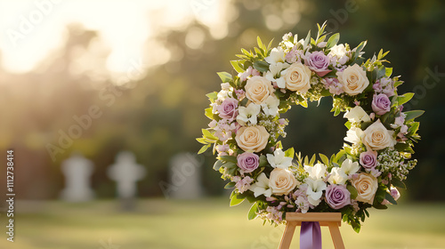 Circular funeral wreath featuring a harmonious blend of white lilies, roses, and greenery, symbolising peace, remembrance, and a heartfelt tribute to the departed