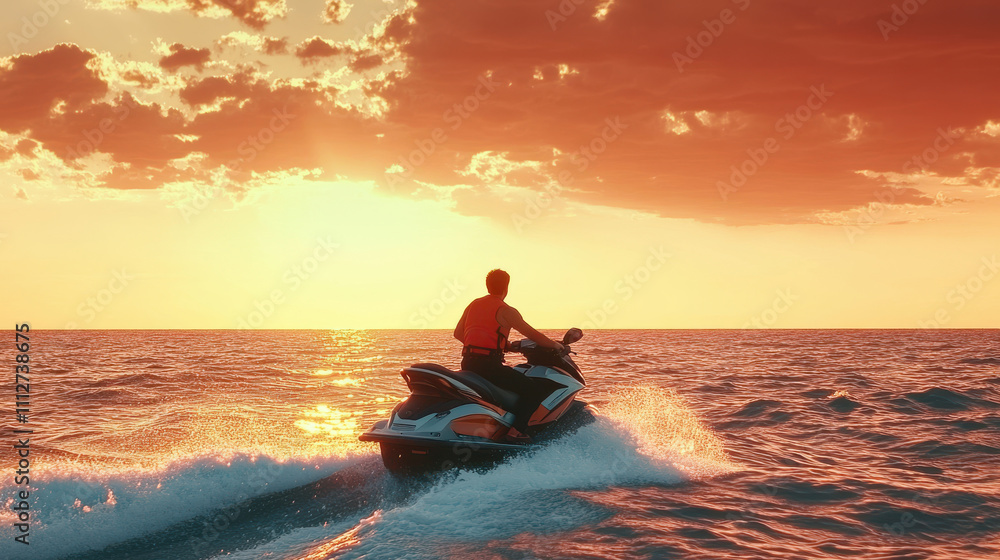 Man riding a jet ski at sunset over the ocean Man riding a jet ski at sunset over the ocean