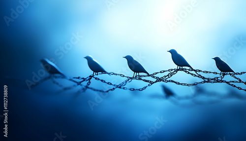 Silhouetted birds on a wire in soft blue light. photo