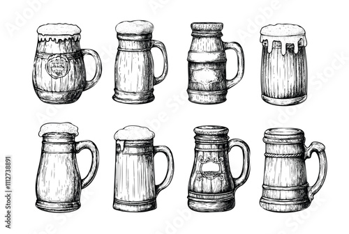 Engraving beer mug. Carved tankard with foamy ale, etched beverages bar pub vessel, party holiday anniversary drinking accessory, hand drawn isolated vectors on white background