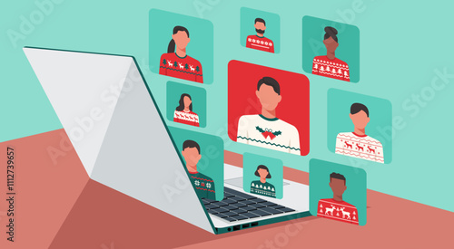 people with sweater connecting together, learning or meeting online video conference, remote working on laptop on Christmas holiday, work from home and anywhere concept, vector flat illustration