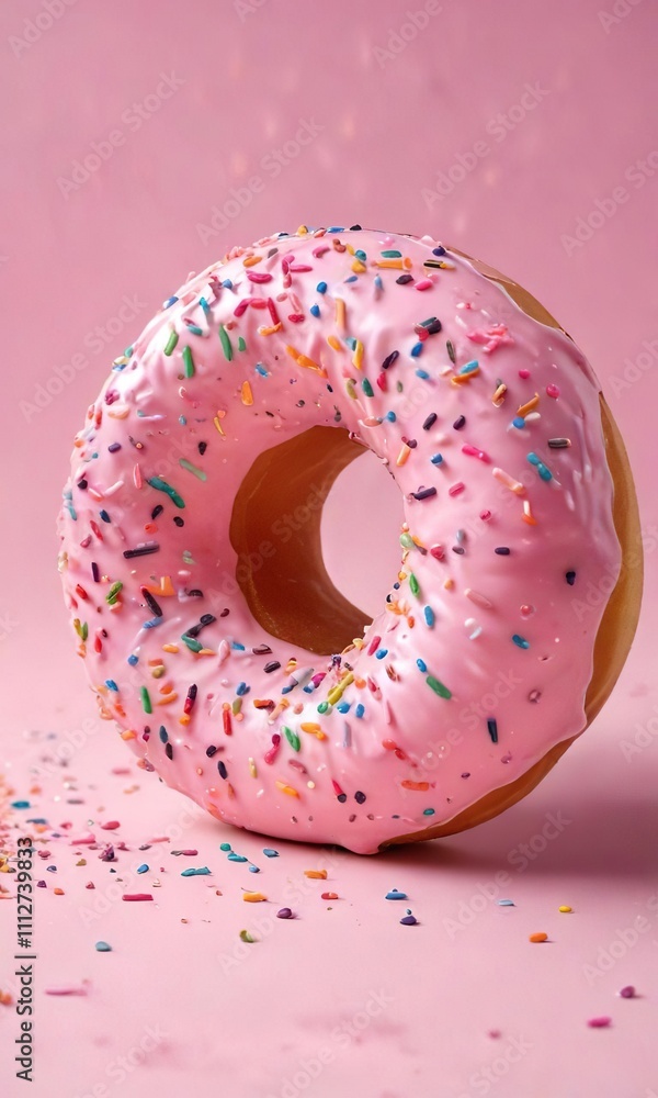 A large pink frosted donut covered in multicolored sprinkles on a soft pink background , sprinkles, confectionery A large pink frosted donut covered in multicolored sprinkles on a soft pink background , sprinkles, confectionery