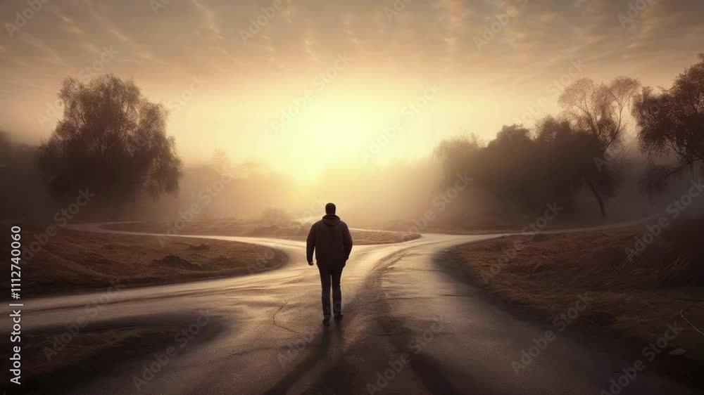 Silhouette of a person at a crossroads confidently walking a new path. Silhouette of a person at a crossroads confidently walking a new path.