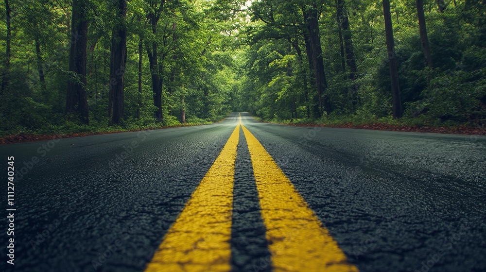 A tranquil road stretches through a dense forest, bordered by tall trees. The pavement reflects the calming green surroundings, creating a peaceful atmosphere A tranquil road stretches through a dense forest, bordered by tall trees. The pavement reflects the calming green surroundings, creating a peaceful atmosphere