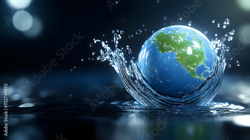 Water splashing around a globe in dark backdrop.