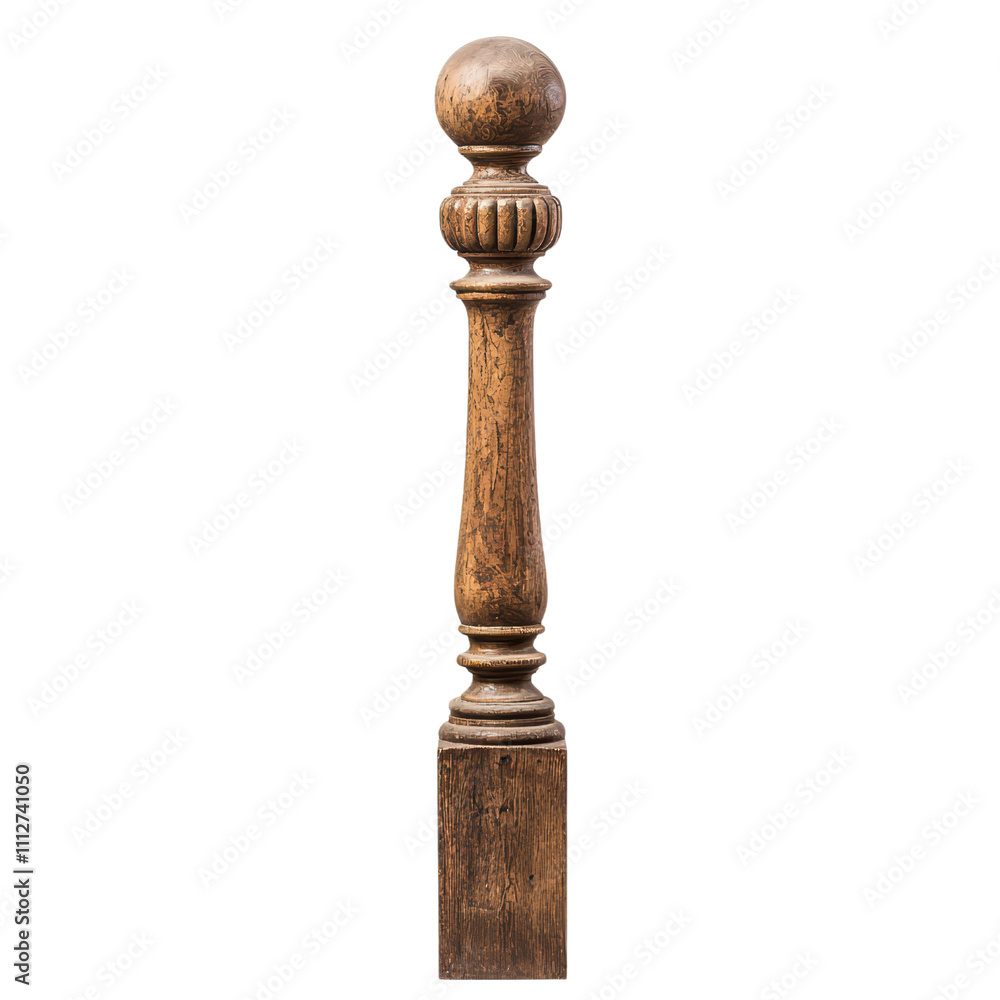 Wooden baluster with ornate design and natural finish, ideal for staircases or decorative railings. isolated on transparent background Wooden baluster with ornate design and natural finish, ideal for staircases or decorative railings. isolated on transparent background