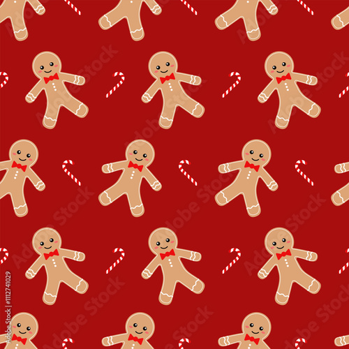 Vector seamless pattern with Christmas spice men and candy canes on a red background