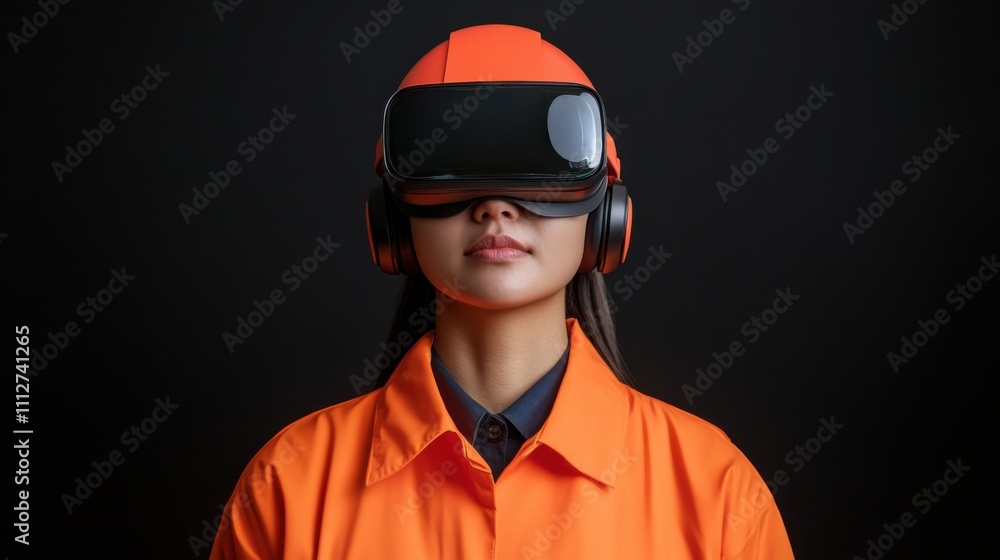 Futuristic Portrait of a Young Woman Wearing Virtual Reality Headset and Headphones, Embracing Technology in a Dark Studio Environment with Vibrant Orange Attire Futuristic Portrait of a Young Woman Wearing Virtual Reality Headset and Headphones, Embracing Technology in a Dark Studio Environment with Vibrant Orange Attire