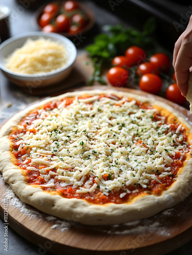 Homemade Pizza Preparation with Fresh Ingredients Like Cheese, Tomato Sauce, Basil, and Dough in a Rustic Kitchen Setting, Highlighting Culinary Craftsmanship photo