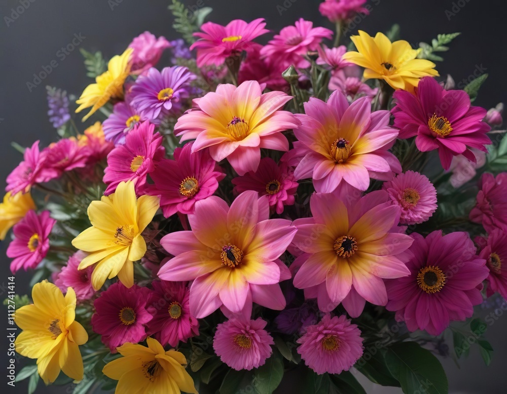 Obraz premium A stunning bouquet featuring a variety of bright pink, yellow, and purple blooms , colorful, violet