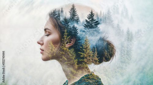 Double exposure of a woman profile with their hair styled in a bun, and a background of a dense forest with tall evergreen trees. The combination creates an ethereal and serene atmosphere.