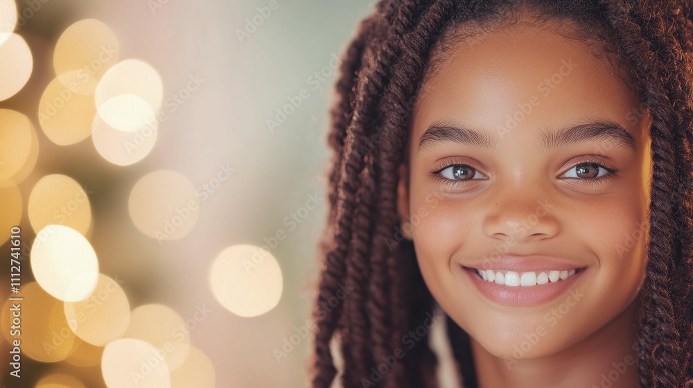 Smiling Young Girl with Braided Hair Chatting Online During Holiday Season in Warm Light Bokeh Style