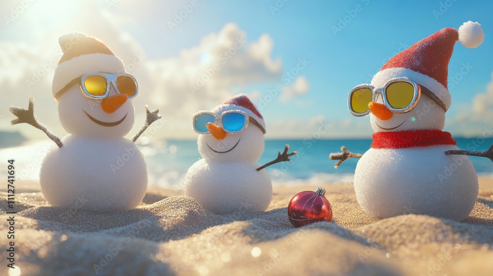 Obraz premium Sandy snowmen enjoying a sunny beach with festive accessories