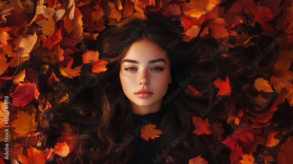 A young girl with long, flowing hair rests peacefully among a blanket of colorful autumn leaves A young girl with long, flowing hair rests peacefully among a blanket of colorful autumn leaves