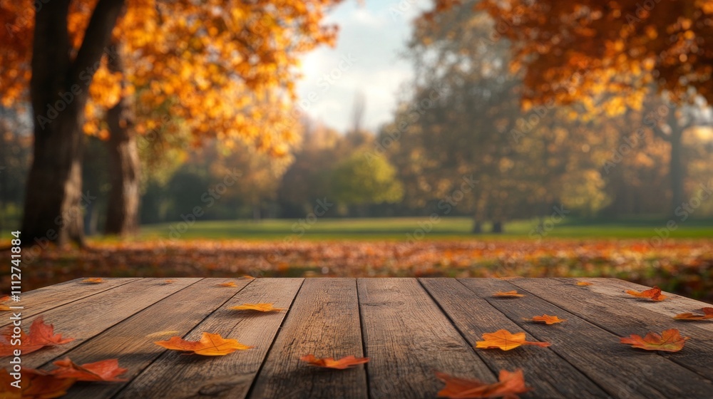 Vibrant orange and yellow leaves scattered on a wooden table create a warm atmosphere. Behind is a peaceful park filled with trees in autumn colors, bathed in soft afternoon light Vibrant orange and yellow leaves scattered on a wooden table create a warm atmosphere. Behind is a peaceful park filled with trees in autumn colors, bathed in soft afternoon light