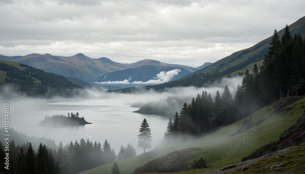 Misty morning on a tranquil lake surrounded by mountains and lush forests creating a serene atmosphere Misty morning on a tranquil lake surrounded by mountains and lush forests creating a serene atmosphere