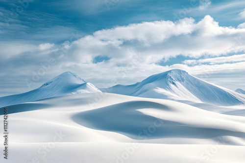 Majestic White Clouds Drift Above Snow-Kissed Mountain Peaks Creating a Scene of Timeless Natural Splendor