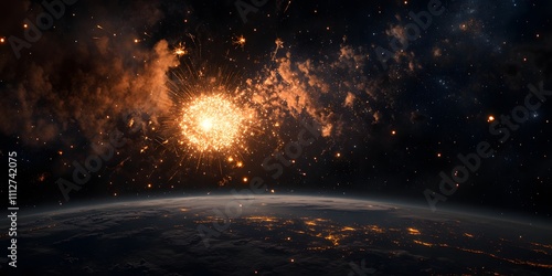 New Year Celebration with Colorful Fireworks Over Vibrant Cityscape at Night