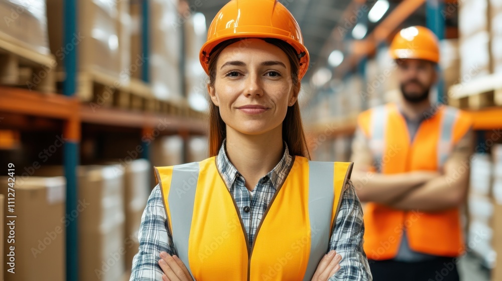 Confident Woman in Safety Gear Smiling at Camera in Warehouse with Colleague in Background Wearing Orange Helmet and Vest Among Stacked Boxes Confident Woman in Safety Gear Smiling at Camera in Warehouse with Colleague in Background Wearing Orange Helmet and Vest Among Stacked Boxes