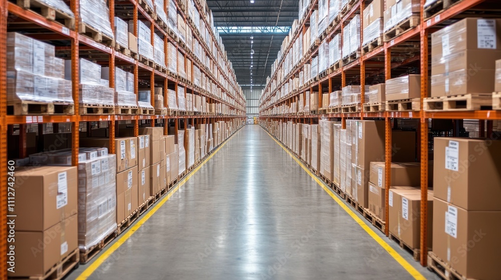 Fototapeta premium A Modern Warehouse Interior with Neatly Stacked Cardboard Boxes on Shelving Units, Showcasing a Spacious Aisle and Efficient Storage Solutions for Businesses