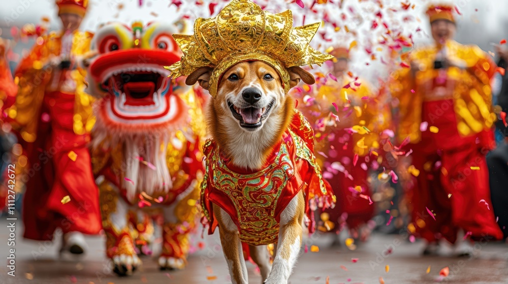 A festive dog wearing a golden crown and red outfit joyfully leads a parade, surrounded by colorful confetti and performers in traditional attire. A festive dog wearing a golden crown and red outfit joyfully leads a parade, surrounded by colorful confetti and performers in traditional attire.