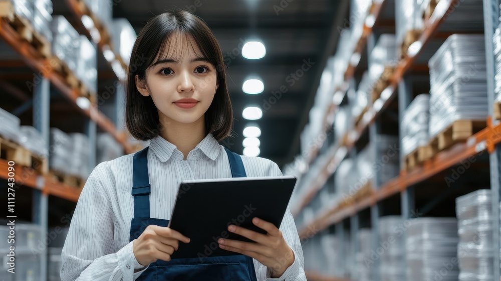 Young woman with tablet in modern warehouse, overseeing inventory management and logistics, surrounded by shelves filled with packaged goods and products. Young woman with tablet in modern warehouse, overseeing inventory management and logistics, surrounded by shelves filled with packaged goods and products.