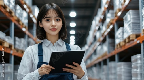 Young woman with tablet in modern warehouse, overseeing inventory management and logistics, surrounded by shelves filled with packaged goods and products.