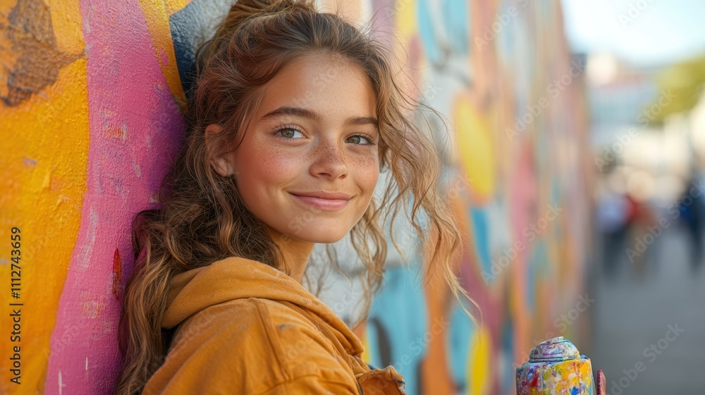 The Teenage girl painting a mural on a city wall her energetic brushstrokes matching the vibrant colors The Teenage girl painting a mural on a city wall her energetic brushstrokes matching the vibrant colors