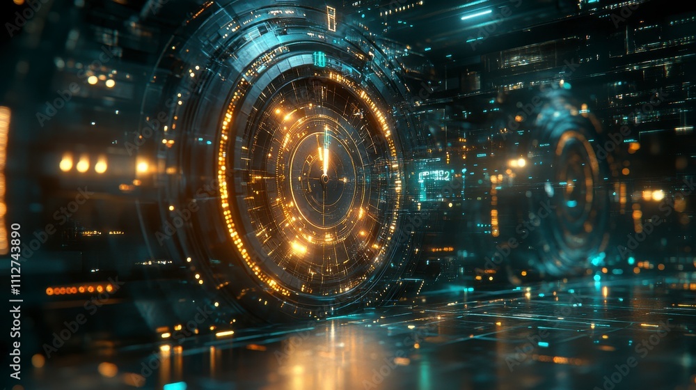 Fototapeta premium A Futuristic Technological Interface with a Dynamic Digital Clock, showcasing Advanced Data Visualization and Complex System Design